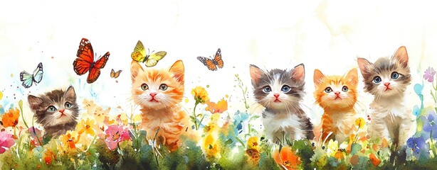 A whimsical watercolor illustration of a group of kittens playing with butterflies in a garden, with colorful flowers and a joyful atmosphere copy space for text, high detailed