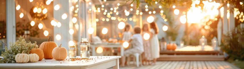 A backyard setup with string lights, a candy station, and kids focused on carving pumpkins