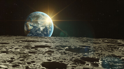 Earthrise from the lunar surface with the sun shining over the horizon