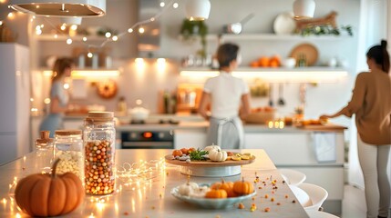 A cozy kitchen with under-cabinet lights, candy jars on the counter, and friends carving pumpkins at the island