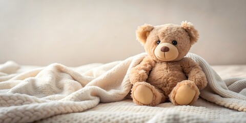 Teddy bear sitting on a cozy blanket, teddy bear, sitting, blanket, plush, toy, cute, stuffed animal, comfort, relaxation, cozy