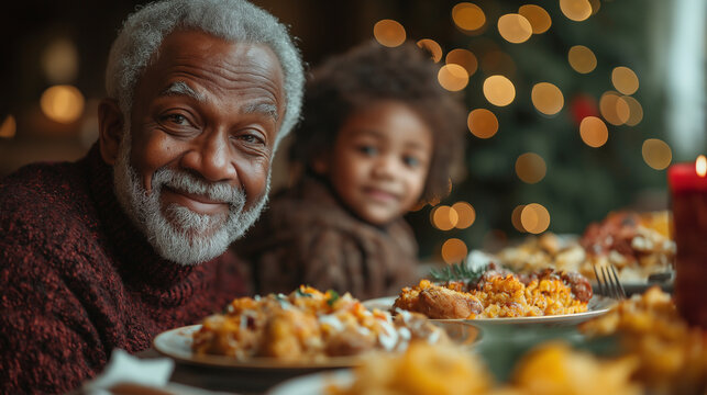 A happy family having dinner at Christmas time. Candid natural view.