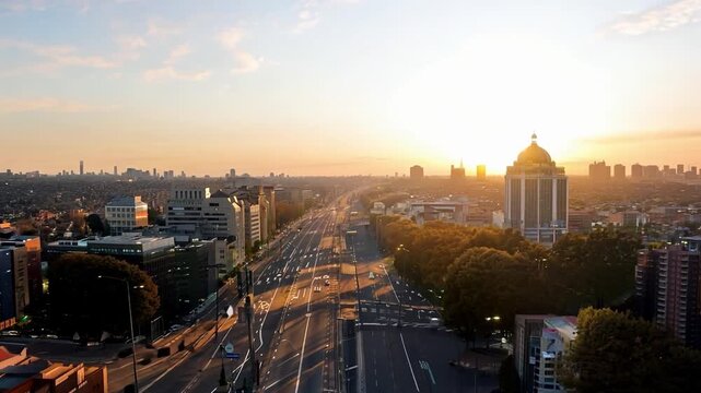 Sun is rising over empty city highway with basilica in background