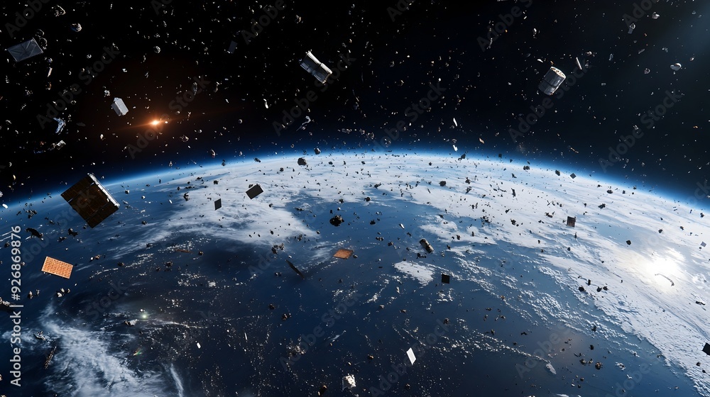 Poster Crowded Low Earth Orbit Filled with Orbital Debris Surrounding the Planet