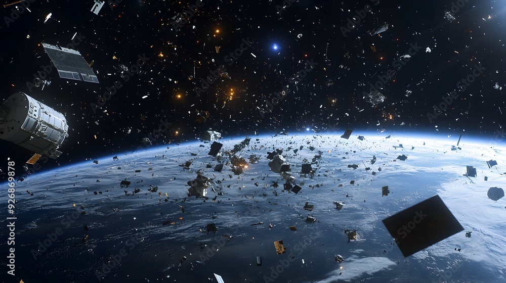 Poster crowded low earth orbit filled with debris earth visible below