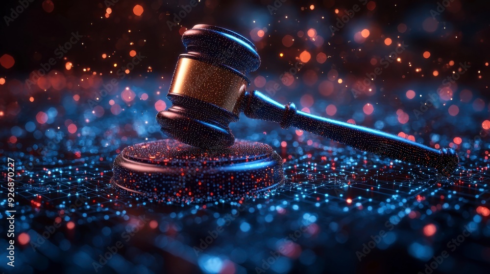 Poster the judge's gavel floats in virtual space, symbolizing the enforcement of cybersecurity laws.