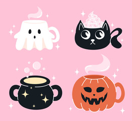 A set of Halloween cups in the shape of a pumpkin, cat, ghost, cauldron. Flat vector illustration.