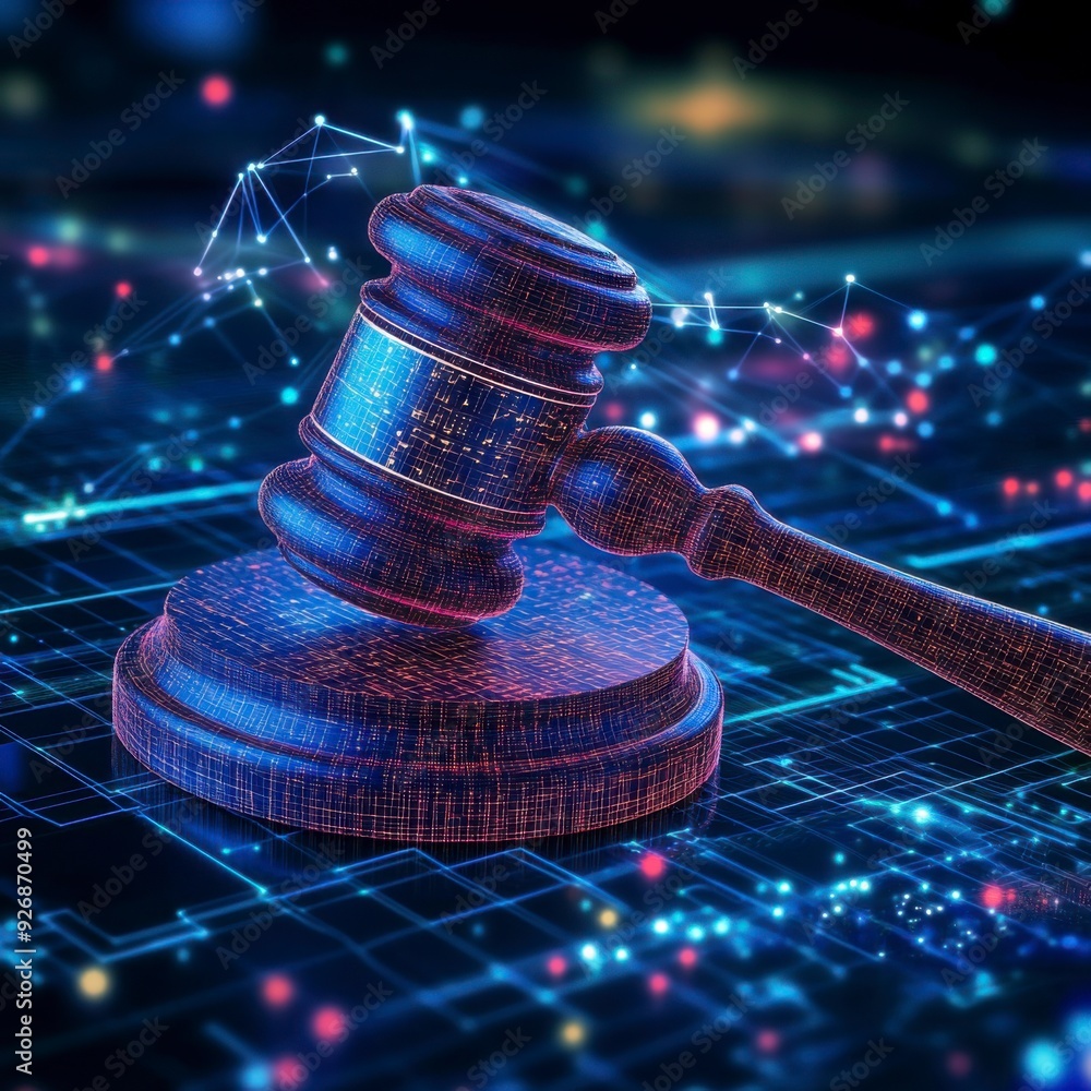 Poster the judge's gavel floats in virtual space, symbolizing the enforcement of cybersecurity laws.