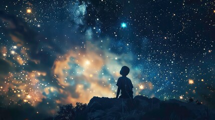 Fototapeta premium A lone figure sits silhouetted against a vast, starry night sky, gazing up at the multitude of twinkling stars. The scene evokes a sense of wonder, solitude, and the vastness of the universe.