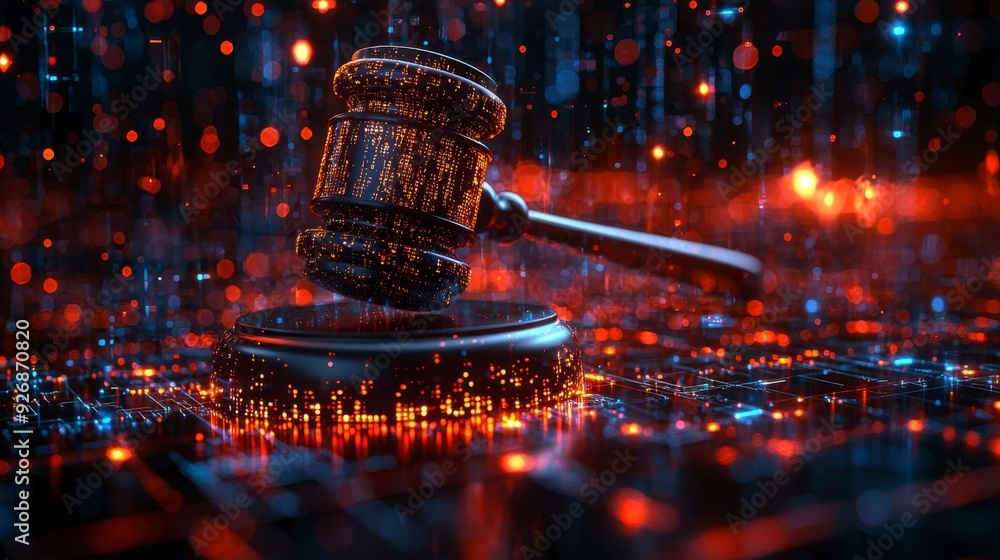 Poster the judge's gavel floats in virtual space, symbolizing the enforcement of cybersecurity laws.