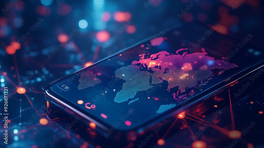 Poster digital world map with mobile commerce icons and global connectivity