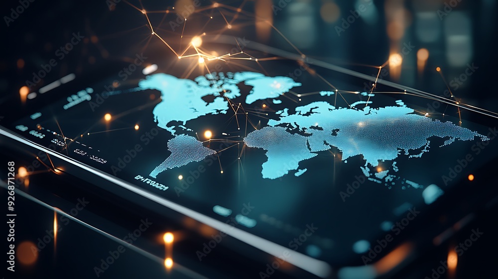 Poster digital world map with mobile commerce icons and global connectivity