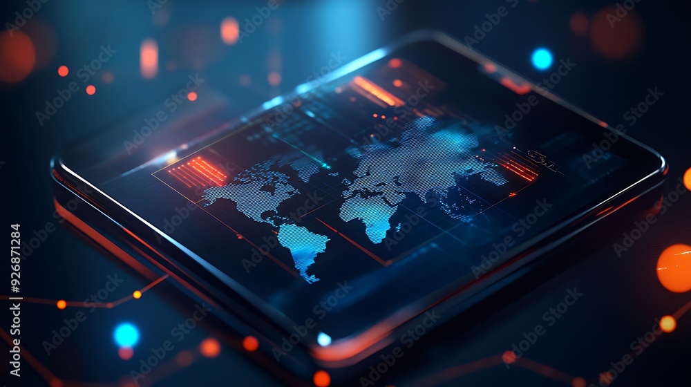 Aufkleber digital world map with mobile commerce icons and global connectivity