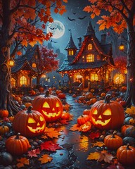 Obraz premium Halloween background with pumpkins.