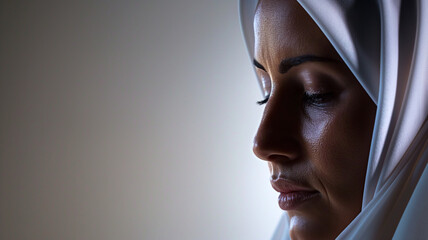 Side profile of a woman in a white headscarf with a contemplative expression