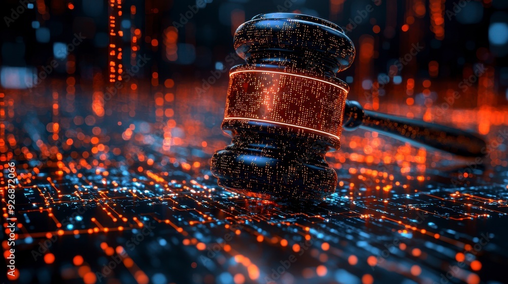 Poster the judge's gavel floats in virtual space, symbolizing the enforcement of cybersecurity laws.