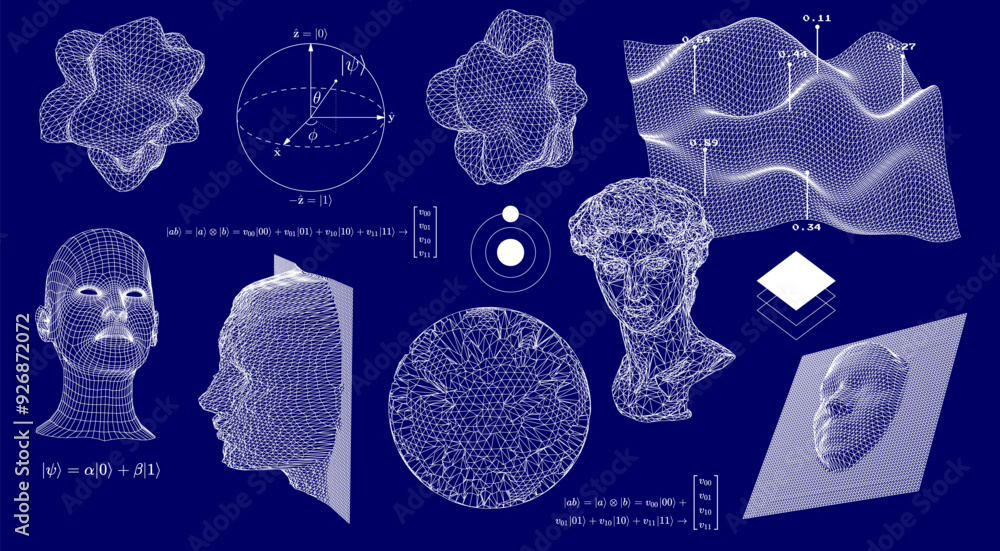 Poster large set of 3d vector illustrations related to scientific technology, showing abstract shapes and s