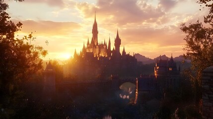 Naklejka premium Enchanted Castle Silhouetted Against Glowing Sunset Landscape