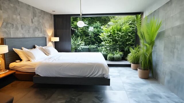 Camera entering luxurious hotel suite showing modern minimalist bedroom design with tropical garden view