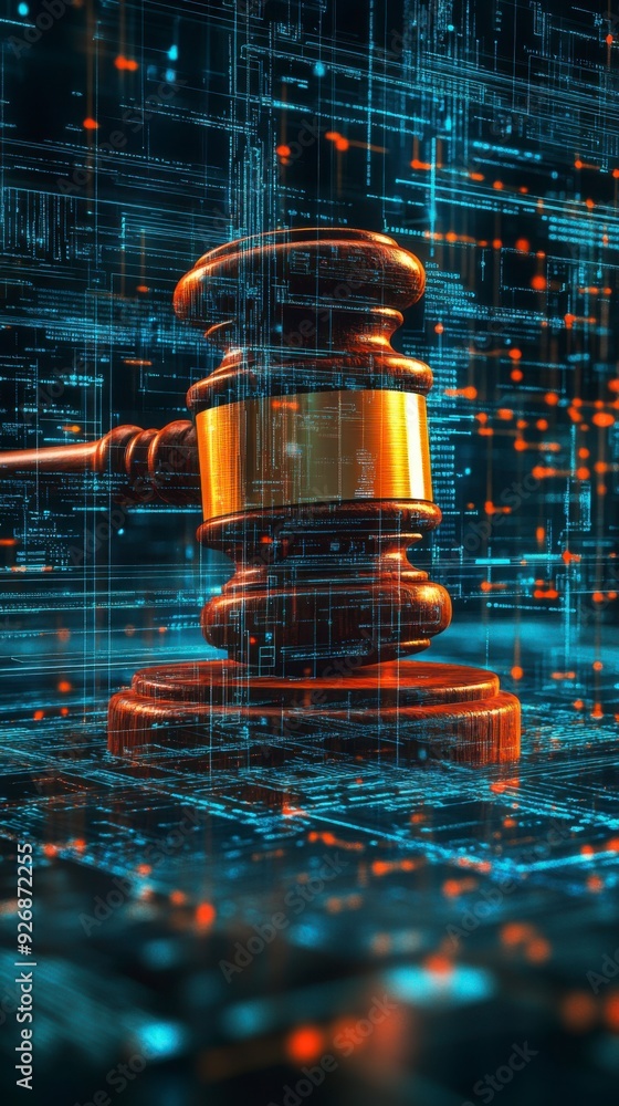 Poster the judge's gavel floats in virtual space, symbolizing the enforcement of cybersecurity laws.