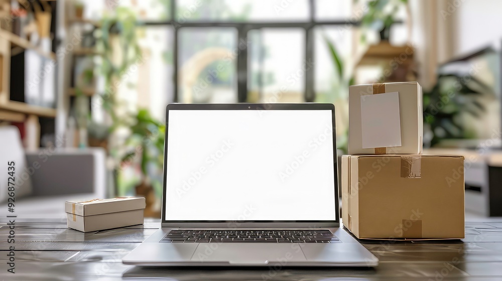 Poster a laptop computer with a blank screen sits on a table with three boxes, one small white box and two 