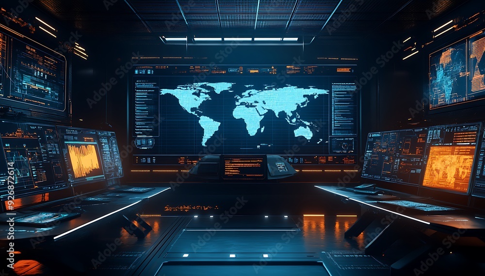 Poster detailed cargo ship loading with digital tracking in busy global port