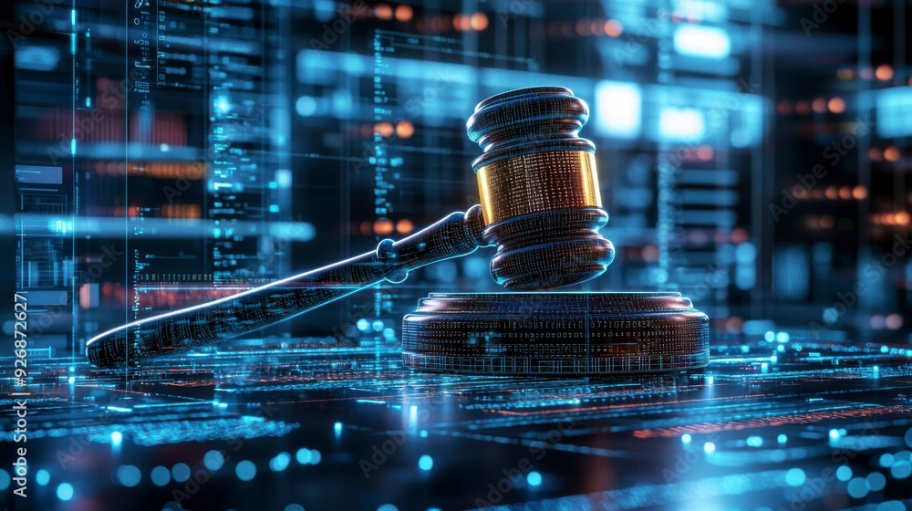 Poster the judge's gavel floats in virtual space, symbolizing the enforcement of cybersecurity laws.