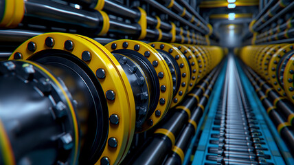 Fototapeta premium Close-up of industrial pipes with yellow flanges in a factory setting