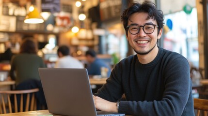 Smiling Man Working on Laptop in Cafe