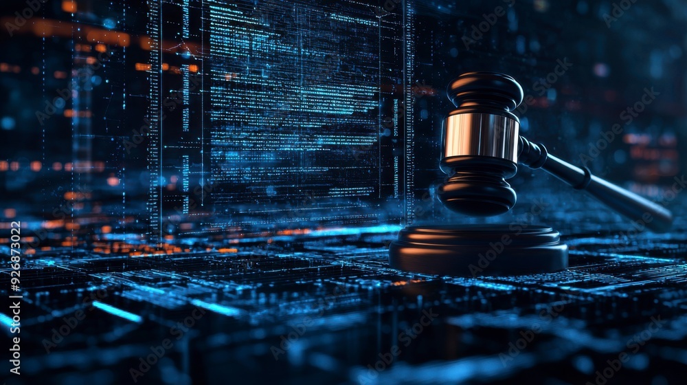 Poster the judge's gavel floats in virtual space, symbolizing the enforcement of cybersecurity laws.