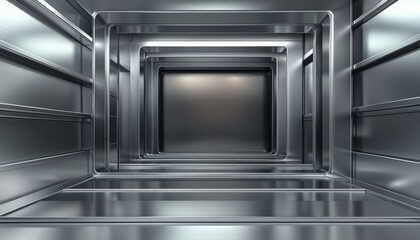 An Abstract Metallic Corridor with a Dark Recessed Panel at the End