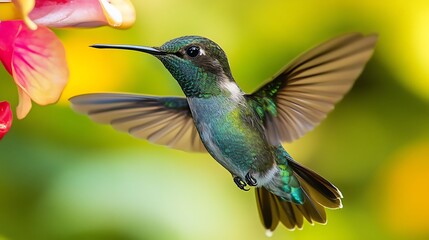 Fototapeta premium A small, green and brown hummingbird hovers near a pink flower in a blurred green and yellow background.