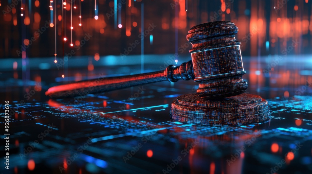 Poster the judge's gavel floats in virtual space, symbolizing the enforcement of cybersecurity laws.