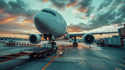 Obraz premium A large white airplane is parked on the tarmac with a tow truck connected to it. The plane is facing the camera and has its engines running. The sky is cloudy with a sunset in the background.