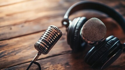 Obraz premium Microphone and Headphones on Wooden Table