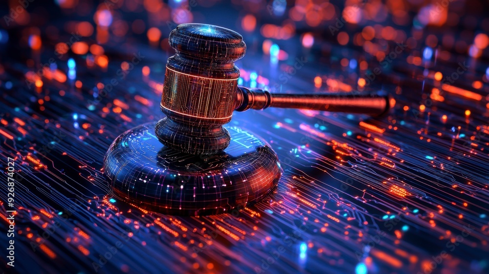 Poster the judge's gavel floats in virtual space, symbolizing the enforcement of cybersecurity laws.