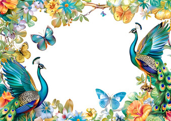 Fototapeta premium This vibrant floral frame features colorful peacocks and butterflies, ideal for invitations, greeting cards, and decoration. Beautiful artwork for any occasion or setting