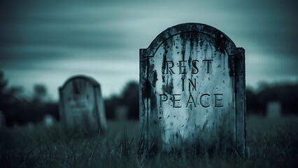 Somber Graveyard Serenity – Moody Cemetery with "REST IN PEACE" Tombstone Amid Weathered Memorials and Grassy, Overcast Scenery – Gothic, Reflective & Haunting