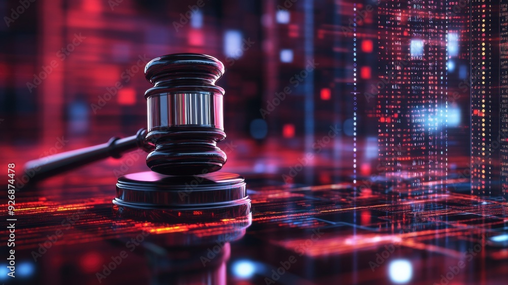 Poster the judge's gavel floats in virtual space, symbolizing the enforcement of cybersecurity laws.