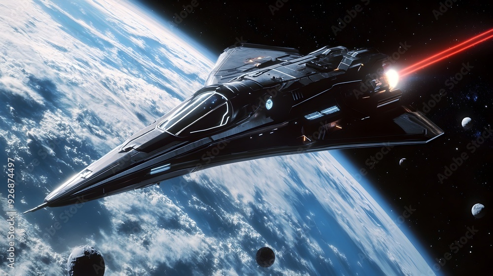 Poster futuristic spacecraft neutralizing space debris with cutting edge laser technology