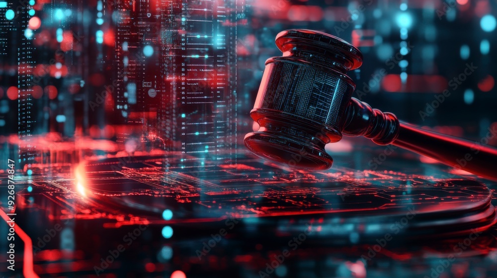 Poster the judge's gavel floats in virtual space, symbolizing the enforcement of cybersecurity laws.