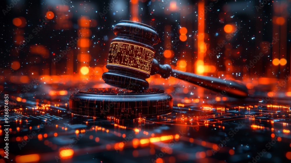Poster the judge's gavel floats in virtual space, symbolizing the enforcement of cybersecurity laws.