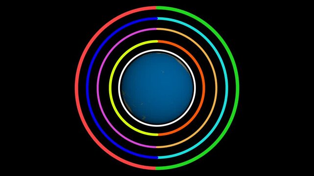 Earth animation rotates with ten lines of progress of circles rotating around the earth with a black background 
