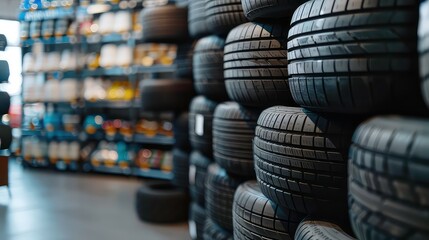 A stack of new car tires in a shop, with shelves full of car products out of focus in the background.