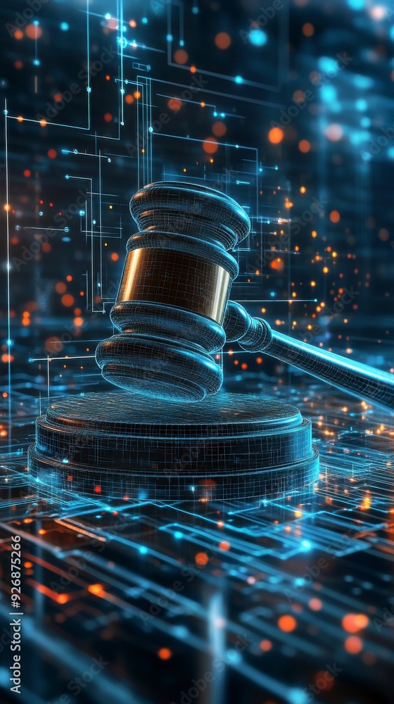 Poster the judge's gavel floats in virtual space, symbolizing the enforcement of cybersecurity laws.