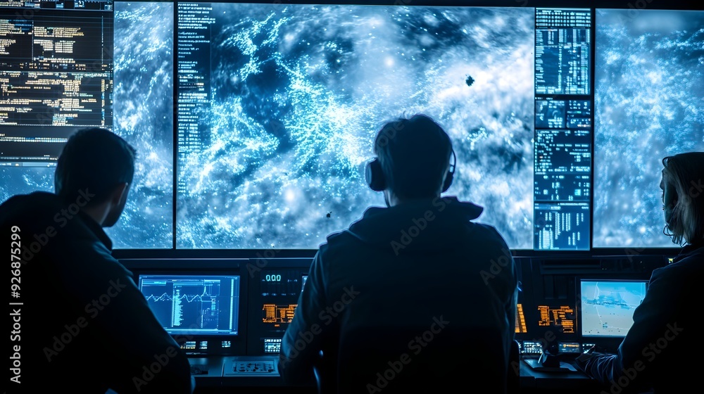 Aufkleber Ground Control Team Monitoring Real Time Space Debris Data on Screens