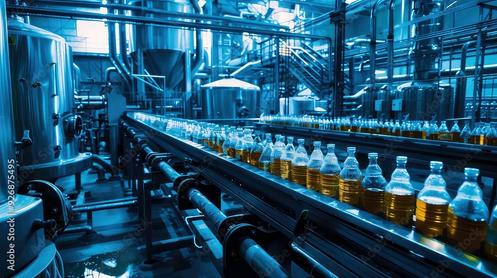 Poster a close-up view of a conveyor belt in a factory, with rows of glass bottles filled with a yellow liq