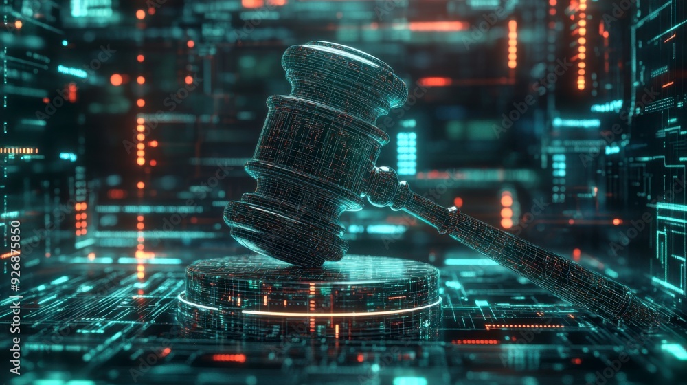 Poster the judge's gavel floats in virtual space, symbolizing the enforcement of cybersecurity laws.