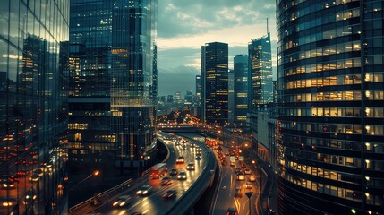 Obraz premium A high-angle view of a cityscape at night, showing a highway with traffic and tall office buildings with lights on.