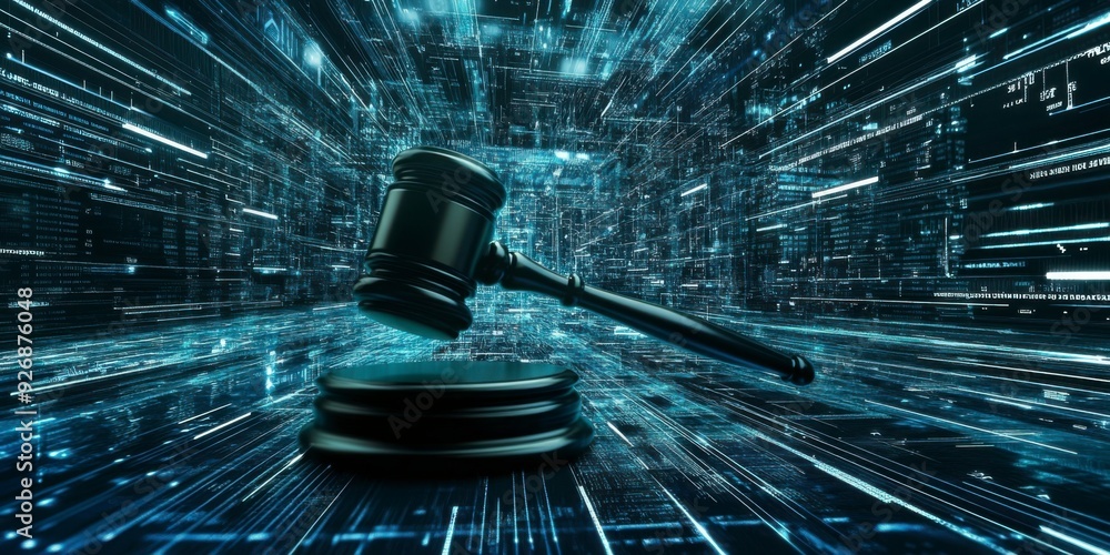 Poster the judge's gavel floats in virtual space, symbolizing the enforcement of cybersecurity laws.